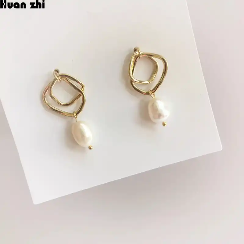 HUANZHI S925 Стерлинговое Серебро булавка Металл золото геометрический двойной квадратный натуральный пресноводный неровный жемчуг серьги гво...