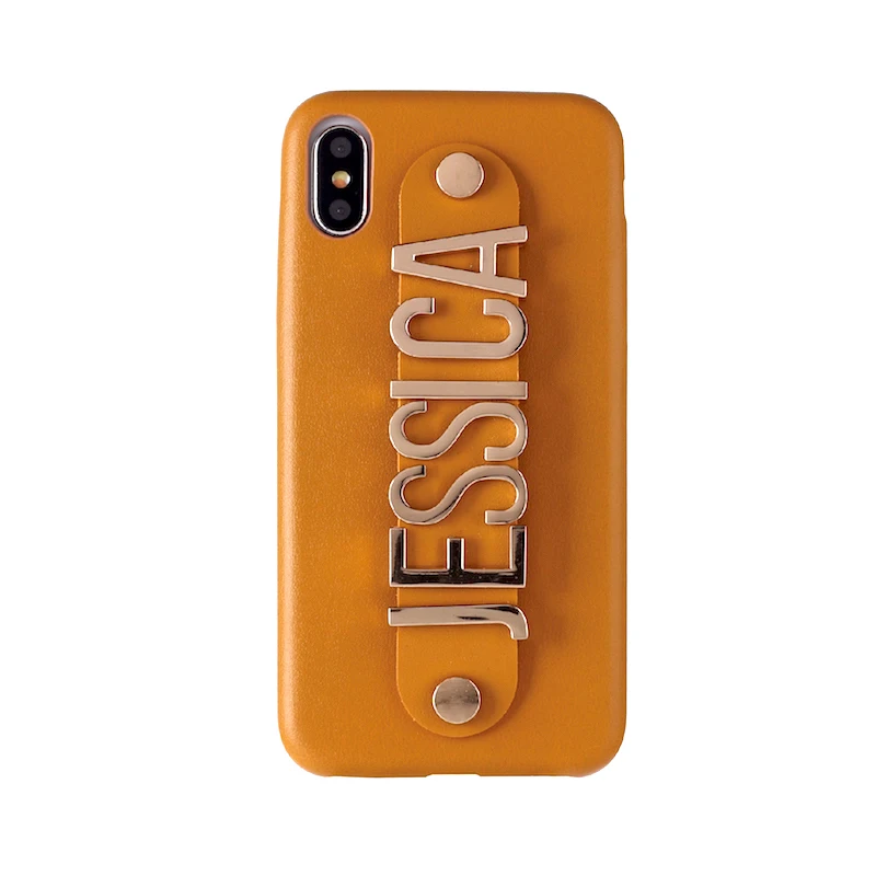 Для iPhone 11 Pro X 6S XS Max 7 7Plus 8 8Plus XR чехол для телефона из натуральной кожи с золотыми буквами и металлическими роскошными смелыми индивидуальными именами - Цвет: Brown Leather Case