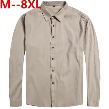 

10XL 8XL 6XL 5XL 4XL Spring Mens Casual Shirts Cotton Linen Gray Color Brand Clothing Man's Long Sleeve Loose Clothes Male Tops