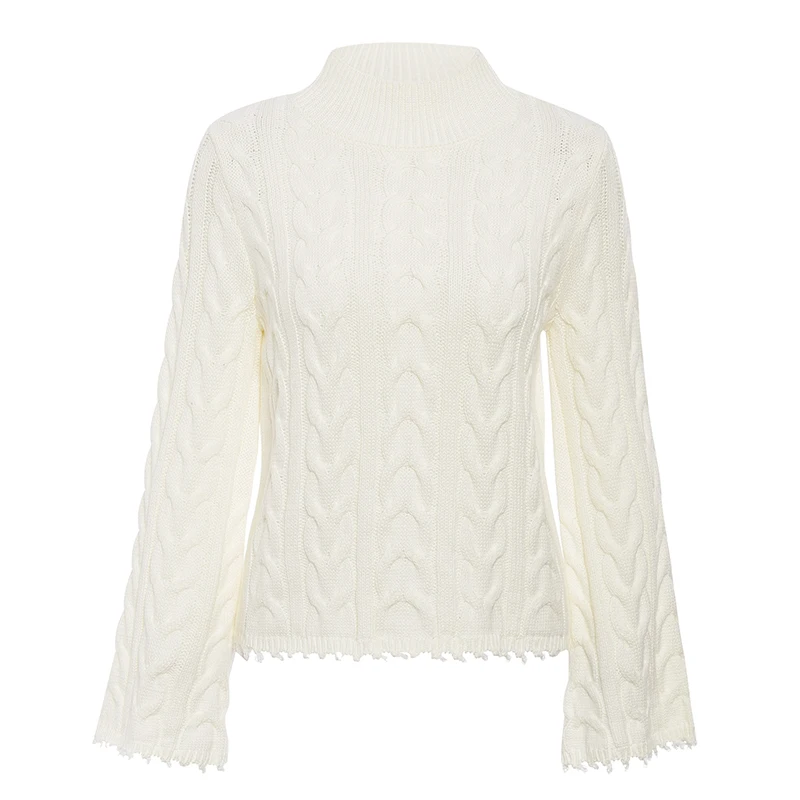JaMerry винтажный белый вязаный свитер для женщин с высоким воротом с расклешенным рукавом и бахромой пуловер Джемпер Осень Зима сплошной Женский свитер - Цвет: Creamy-white