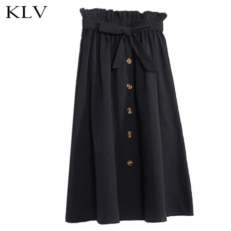 

Women Girls Ruffles High Waist Knee Length Pleated A-Line Skirt Single Breasted Button Up Belted Solid Color Flared Skater
