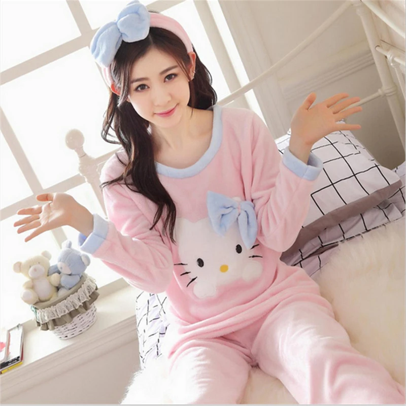 New Autumn winter women pajamas lovely Flannel Home clothing Round neck