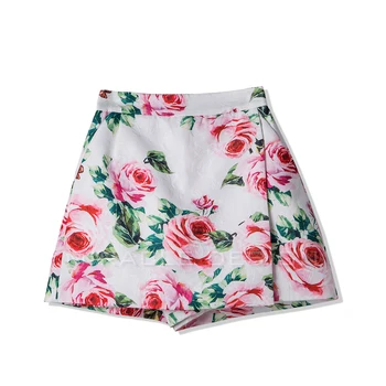 

New 2018 spring blossoming rose printed dark jacquard oblique assembling piece tall waist wide leg skirt