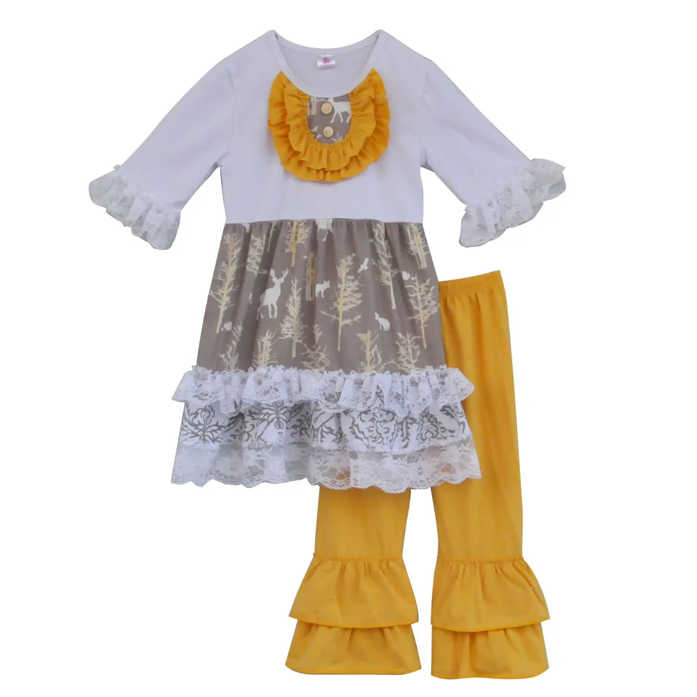 Special Design Fall Winter Girls Boutique Outfits Lace Ruffle Top Cotton Pant Wholesale Children Baby Clothes