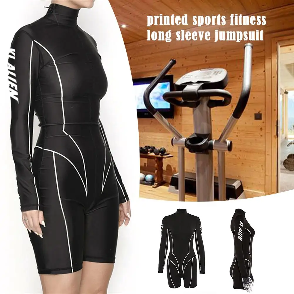 

Women Printed Sports Fitness Casual Jumpsuit Running Long Sleeve Sexy Rompers One Piece Bodysuit
