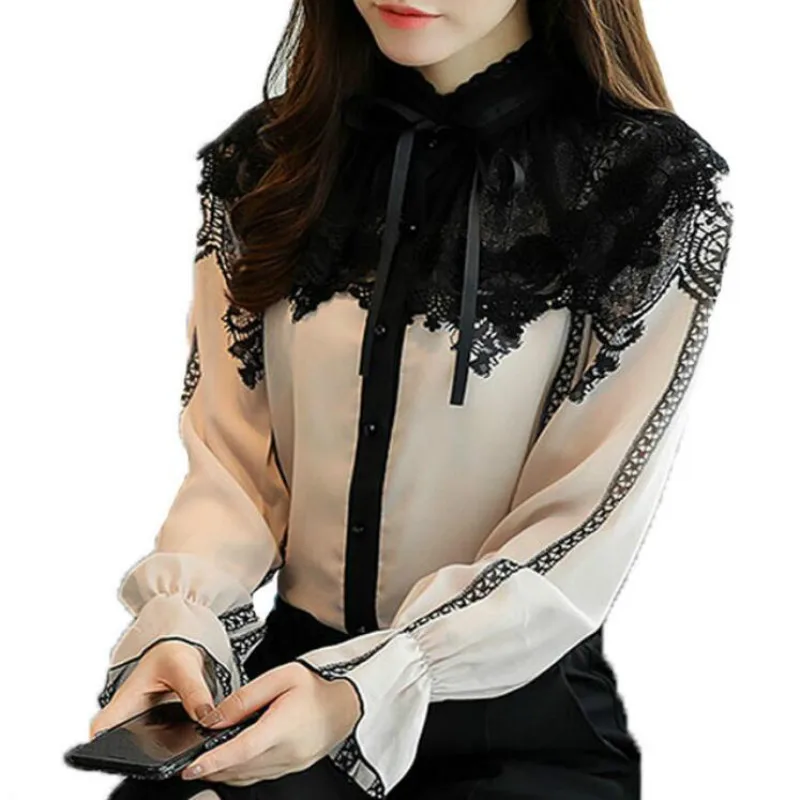 

New women tops fashion long sleeved blouses stand chiffon lace patchwork shirts office lady flare sleeve blouses