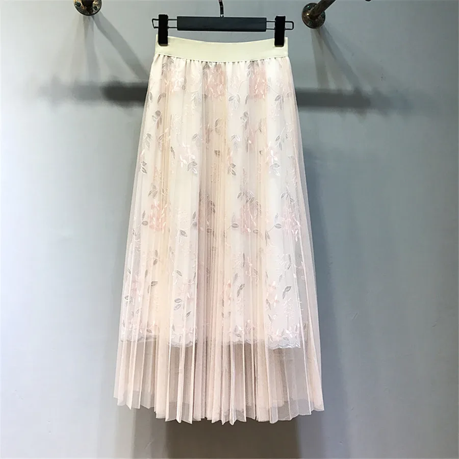 Вышитая Тюлевая юбка винтажная полупрозрачная ткань с высокой талией плиссированная юбка миди для женщин Женская Корейская линия Jupe Saias
