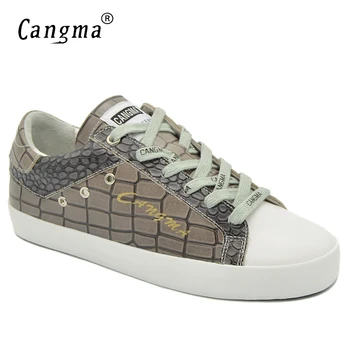 

CANGMA Original Brand Sneakers Women Shoes Handmade Low Top Genuine Leather Casual Shoes Fille Chaussure Woman's Khaki Flats