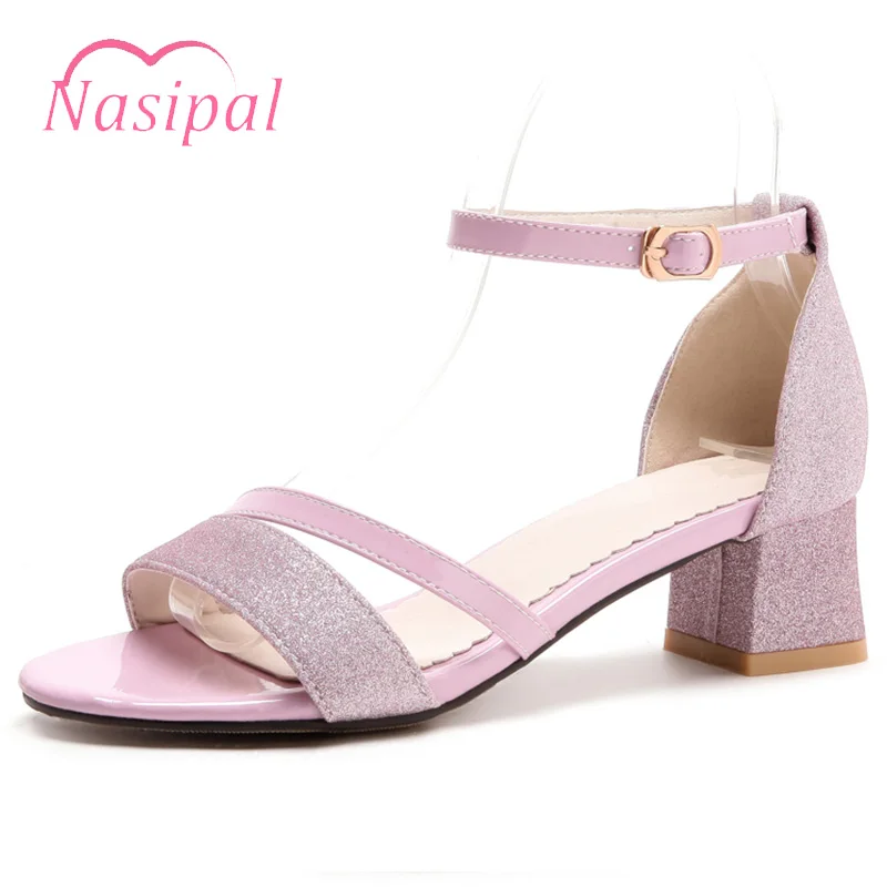 

Nasipal Thick Chunky Heel Sandals Open Toe Cut Outs Ankle Strap BlingBling Princess Shoes Large Size 31-52 Gold Silver Pink C499