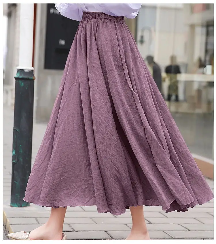 Макси юбки женские летние модные однотонные эластичные Высокая талия женские Falda оборками Хлопок Лен длинная юбка faldas mujer moda - Цвет: Purple