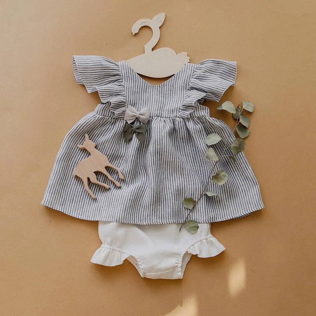 

2019 2PCS Newborn Cute Baby Girls Fashion Causal Fly Sleeve Striped Tops Dress Ruffle Shorts Pants Briefs Cotton Outfits Clothes