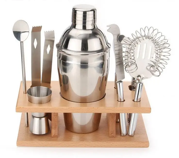 Stainless Bar Cocktail Shaker Set Barware Set Shaker Set with Wooden Rackin Cocktail Shakers