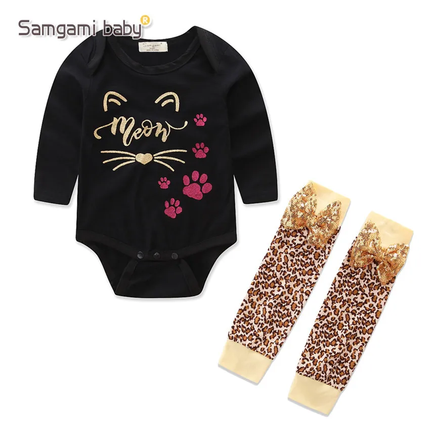 

SAMGAMI BABY Kids Clothes Cartoon Cat Black Romper+bow-tie Leopard grain Foot Cover 2pcs Set Baby Costume Toddler Girl Clothing