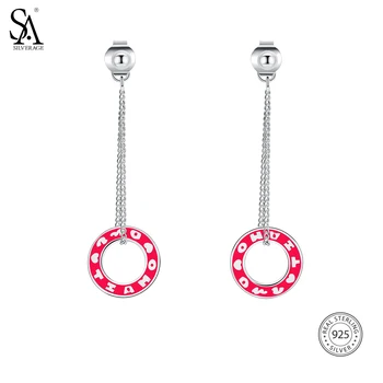 

SA SILVERAGE 925 Sterling Silver Long Drop Earrings For Women Fine Jewelry Round Red Color Silver Earrings Women