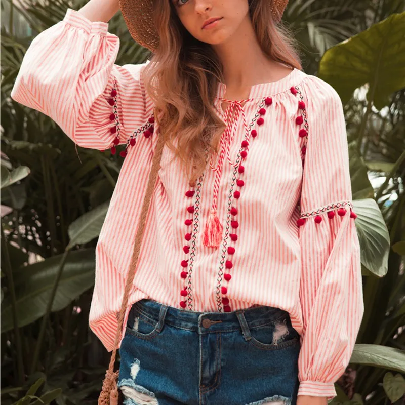 Bohemian Floral Embroidered Fringed Blouses Drawstring V Neck Tassels