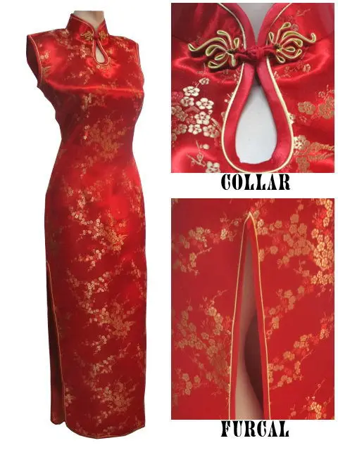 Черно-красное традиционное китайское платье, женское сатиновое длинное платье с бретелькой через шею, Ципао, женское платье с цветочным принтом, Размеры S M L XL XXL XXXL J3035 - Цвет: Красный