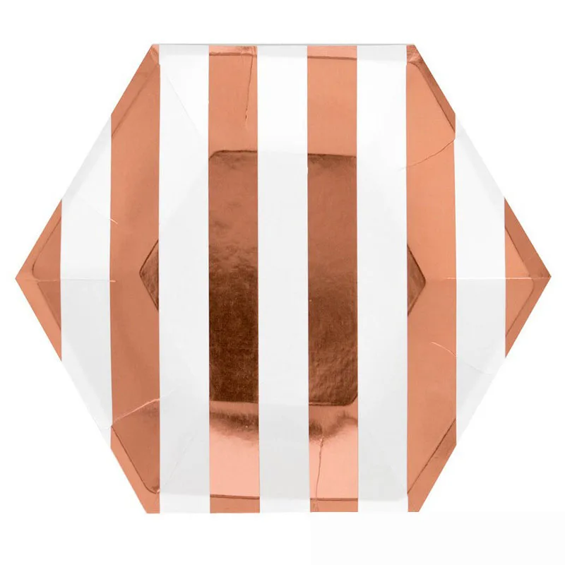 Фольга из розового золота полосатые вечерние принадлежности одноразовые наборы посуды бумажные тарелки салфетки для стаканчиков закуски Подарочная сумка для свадебных сувениров