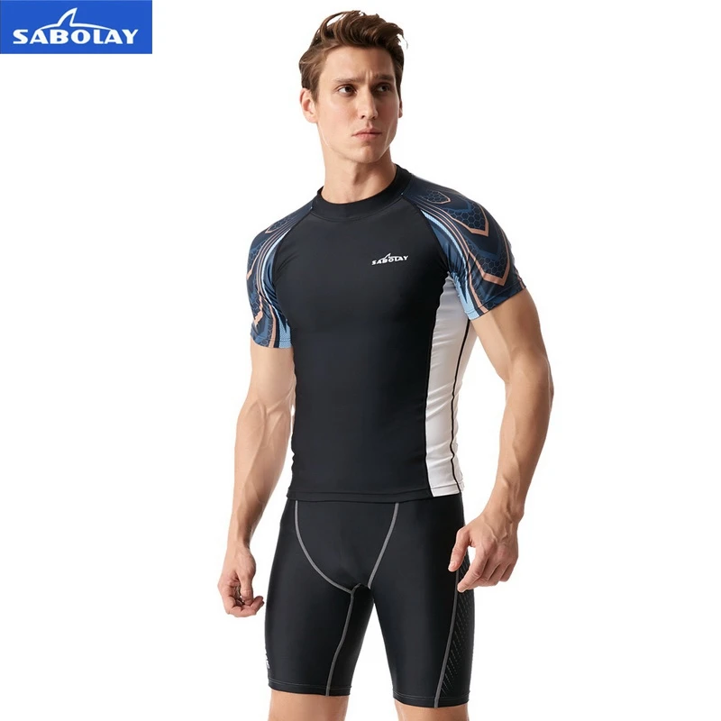 Men Elastic Lycra Quick Dry Swimsuit Surf Sunscreen UV Protection Rash Guard Diving Tight Beach Shirt and Short Separate