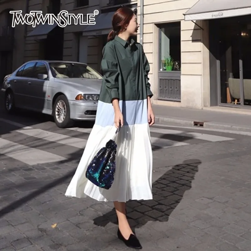 

TWOTWINSTYLE Patchwork Shirt Dress Female Lapel Collar Single Breasted Pleated Midi Long Dresses 2019 Spring Korean Clothing