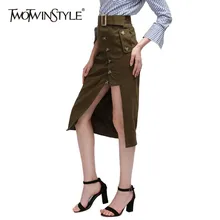 TWOTWINSTYLE, летняя армейская зеленая Женская юбка, высокая талия, на шнуровке, с разрезом по бокам, на пуговицах, юбка миди, женская,, корейская мода, одежда