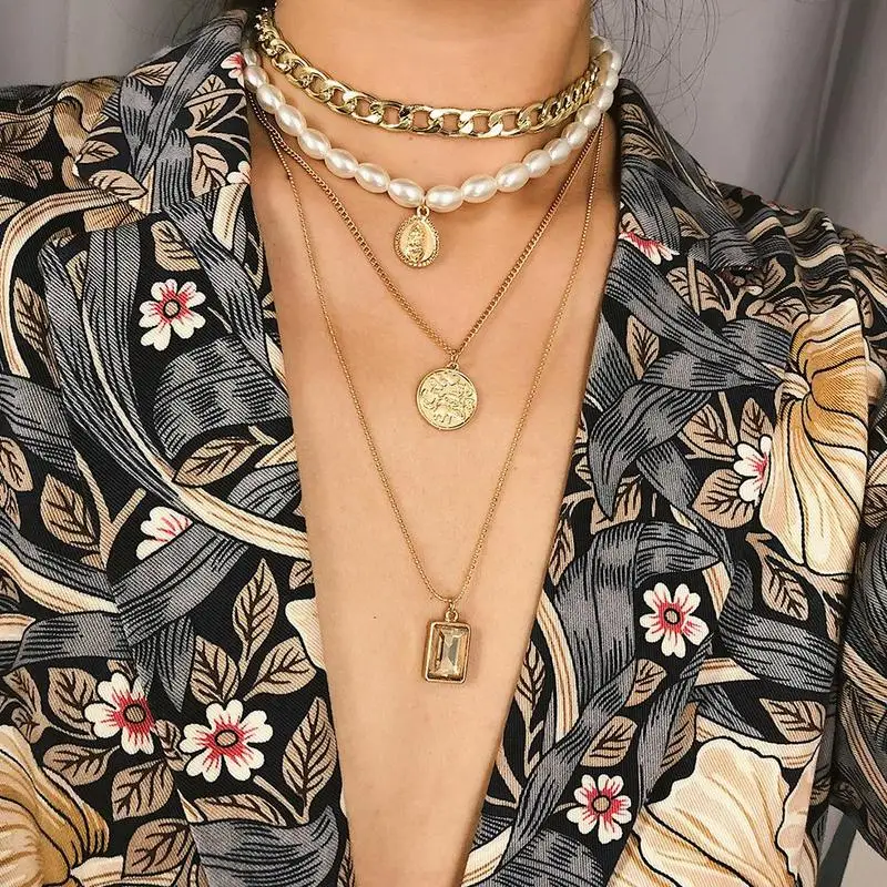 

Hot Selling Punk Multi Layered Pearl Choker Necklace Collar Coin Crystal Pendant Necklace Jewelry Gift for women Dropship