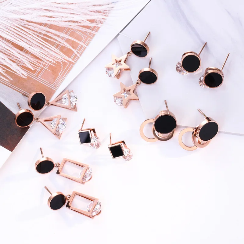 Круглые черные серьги-гвоздики из нержавеющей стали в форме звезды, треугольника, квадратного геометрического циркония для женщин, высококачественные брендовые ювелирные изделия sy92