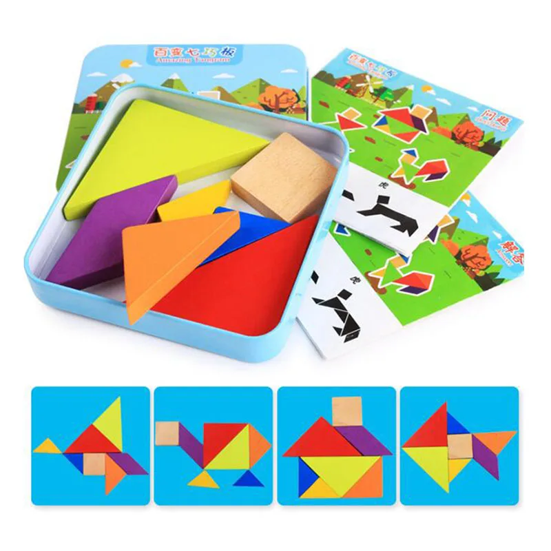 

7pcs Wooden Puzzle Box Cognition Tangram Jigsaw Clever board Early Learning Education oyuncak Games for Kids Children