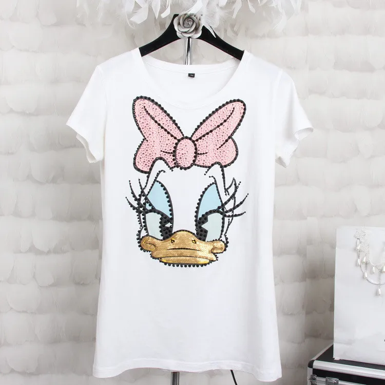 

Plus size 4XL Women Summer Short Sleeve Sequins Cartoon Print T shirts Fashion Loose White Top Tees Women Designer Clothing