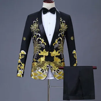 

2 Pieces Set 2019 men's Chinese dress stage host singer costumes ceremonial embroidered suit Prom Party Suits Wedding 1283