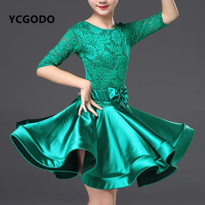 Кружевное бальное платье для девочек, платья для латинских танцев, ча-Румба, Самба, джив, детское подростковое платье для латиноамериканских танцев - Цвет: Зеленый