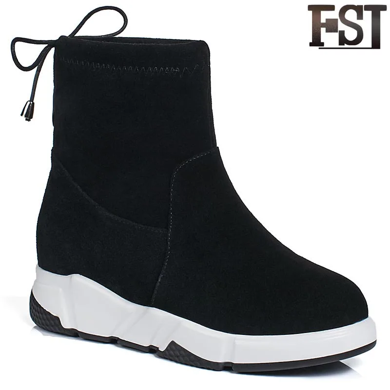 

FSJ Black 2019 Spring Back Butterfly-Knot Genuine Warm Kid Suede Round Toe Flat Heel Woman Ankle Boots Work Casual Ladies Shoes