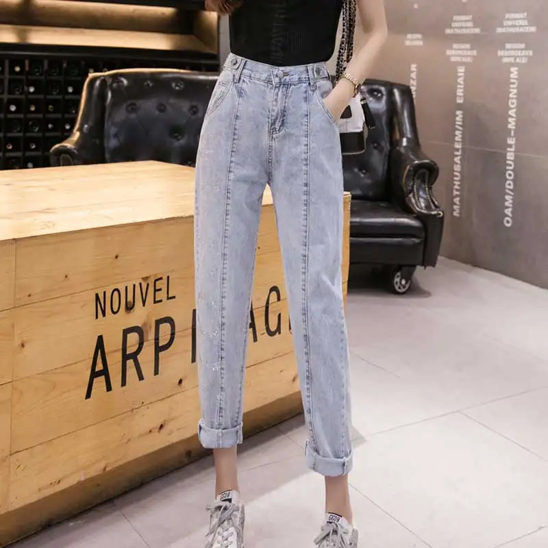 Джинсы с высокой талией эластичные тонкие брюки летние тонкие шаровары девять штанов однотонные Джинсы бойфренда для женщин корейские
