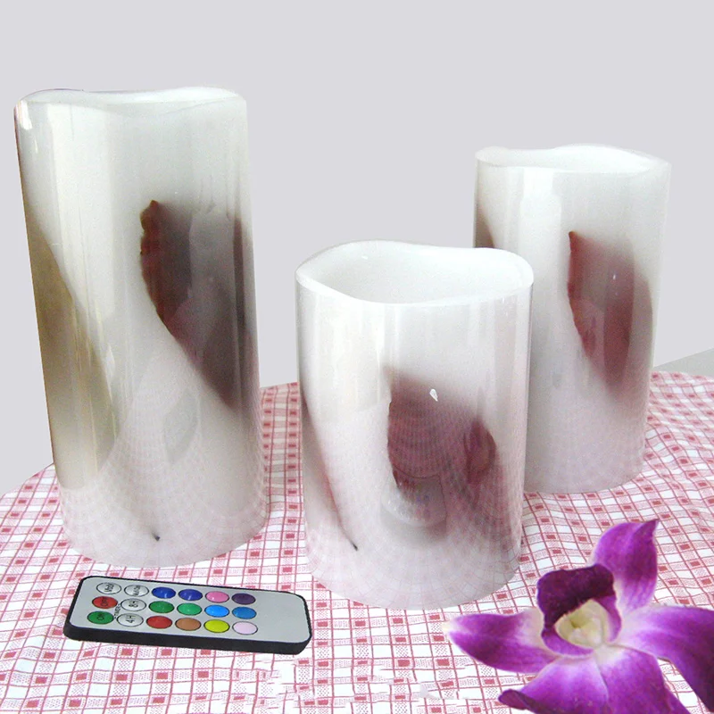 

flamelesss wireless led candle light, made by real wax and leaf inlay,RGB remote (timer/on/off/color option),3 pcs 1 set