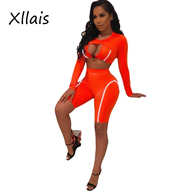 XLLAIS красивые светоотражающие шорты, комплекты, подходящие для всей Для женщин Лонгсливы с пряжкой, топ с длинными рукавами и Высокая Талия
