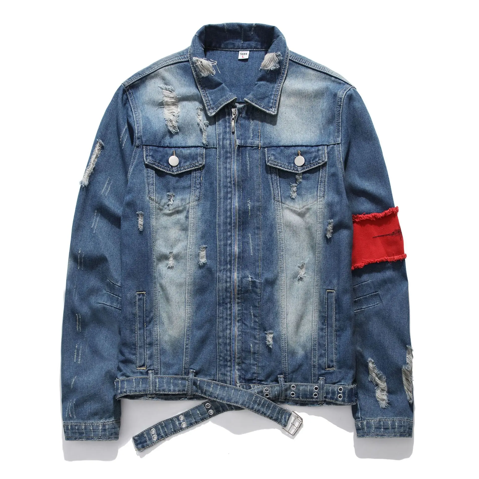 

Spring Autumn Coats Men Hole Patchwork Bleached Embroidery Turn-down Collar Full Sleeve Fake Zippers Female Denim Jackets Tide