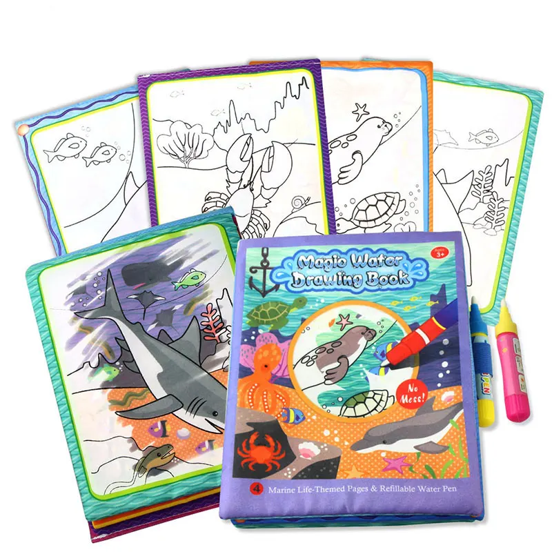 4 стиля мультфильм животное вода рисунок Ткань Книга и 2 волшебные ручки с красками доска каракули Ранние развивающие игрушки книга с зарисовками для детей - Цвет: Marine life