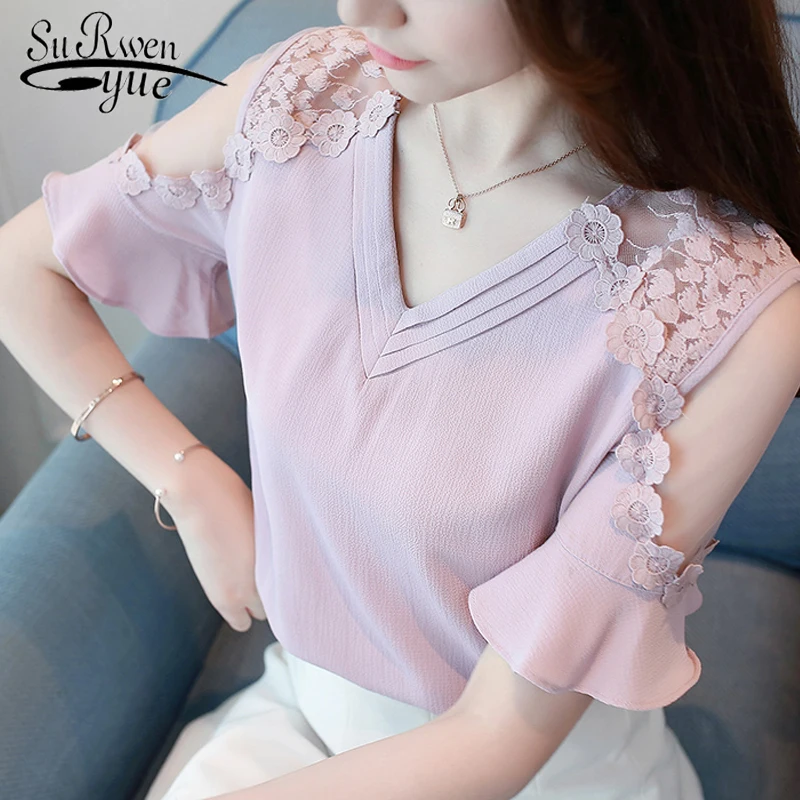 Летняя Розовая Шифоновая женская блузка, модная женская рубашка с коротким рукавом и v-образным вырезом, кружевная женская блузка D678 30