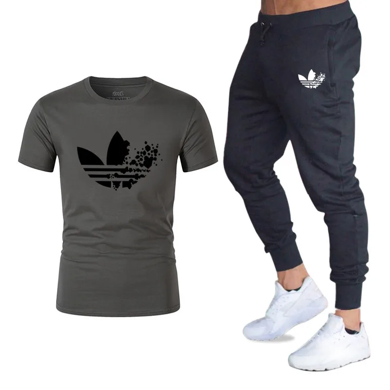High quality men set Pants+T Shirts Sets Casual Elastic Mens Fitness Workout Pants Skinny Sweatpants Trousers Jogger Pants