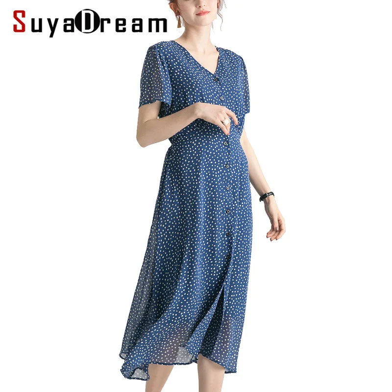 

Women Long Dress 100%Real Silk Crepe Casual Dots Printed Dresses V neck Holiday Dress 2019 New Summer Blue