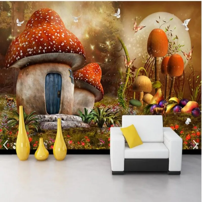 papel-de-parede-Custom-3D-wallpaper-cartoon-fairy-fantasy-mushroom-house-children-s-room-sofa-TV