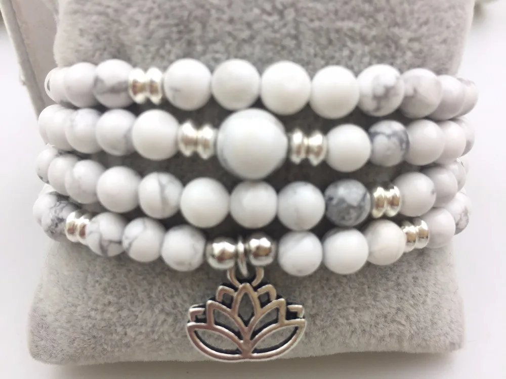 108 Белый Howlite Mala бусы Йога ювелирные изделия буддийская медитация Чакра Исцеление
