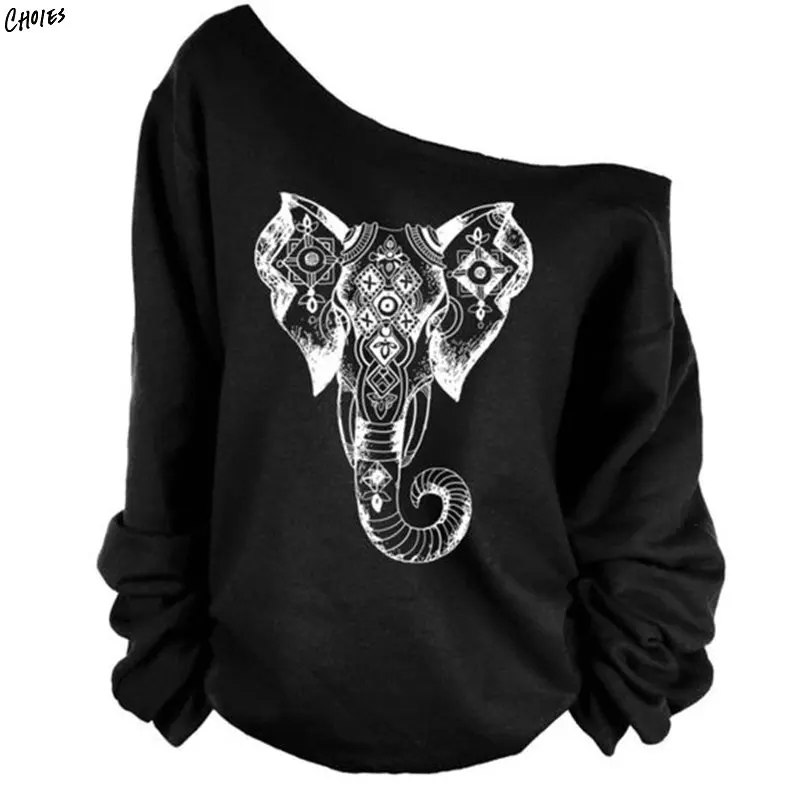 Black One Shoulder Elephant Print Women Sweatshirt Drop