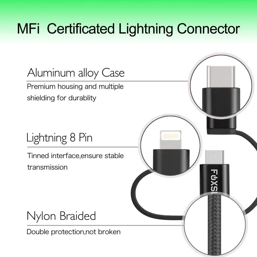 Foxsun 3 في 1 USB بيانات كابل شحن ل كابل البرق المصغّر usb كابل نوع-C كابل ل فون 8 7 6 سامسونج S8 هواوي Mate10
