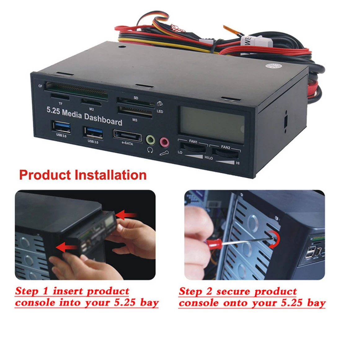 

5.25" Optical Drive Front Panel USB 3.0 e-SATA All-in-1 PC Media Dashboard Multi-function audio/temperature display Card Reader