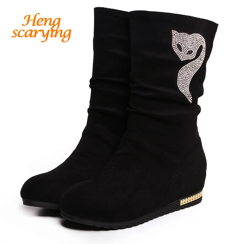

2018 Women Luxury Faux Suede Diamond Boots Winter Autumn Fur Snow Boots Female Wedges Glitter Crystal Warm Rubber Booties Shoes