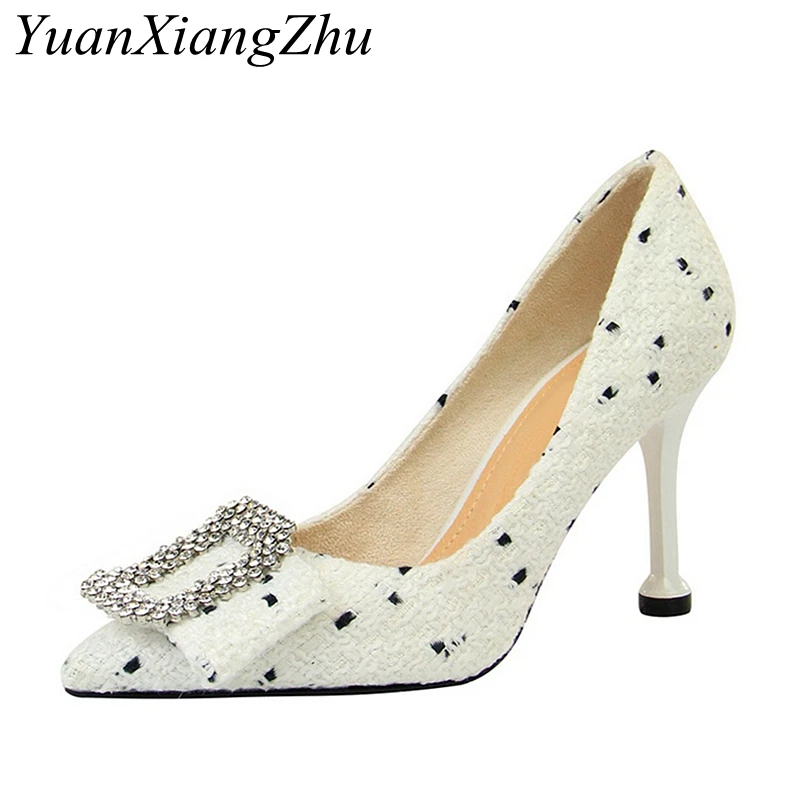 

2019 Spring Sweet Pumps Women Shoes High Heels High Quality Fashion Metal Crystal Buckle Pointed Toe Pumps Womens Shoes Woman