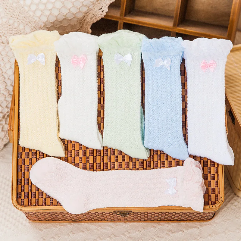 

1 pair of spring and summer mesh thin children's socks combed cotton high tube bow lace girls socks baby socks