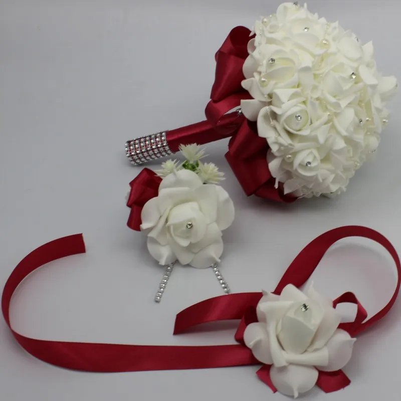 Свадебный букет винно-красные розы цветы для невесты с Crtstal свадебная одежда подружки невесты Свадебная вечеринка аксессуары для дома наручный букет цветов - Цвет: As Picture