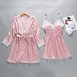 Новое поступление женские 2 шт Шелковый атласная ночная рубашка с халатом Sexy цветочные Ночная рубашка на бретелях и халат Повседневное