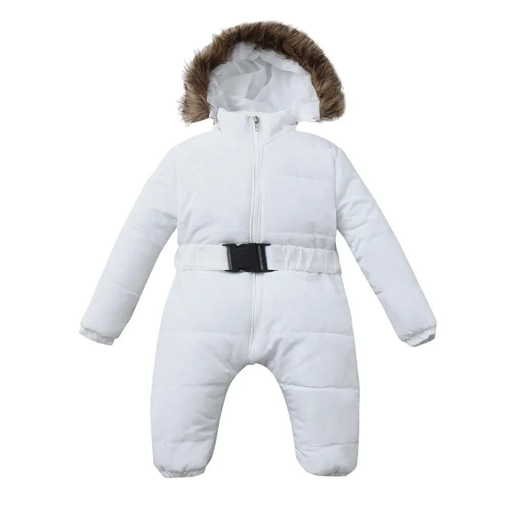 Зимний теплый ветрозащитный пуховый хлопковый комбинезон-жакет для новорожденных мальчиков и девочек Комбинезон с меховым капюшоном, плотное однотонное пальто, одежда - Цвет: White